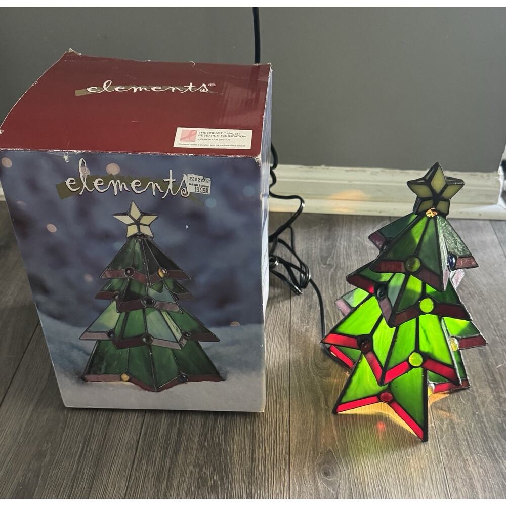 Stained Tiffany Style 10” Glass Light Up Electric Tabletop Christmas Tree